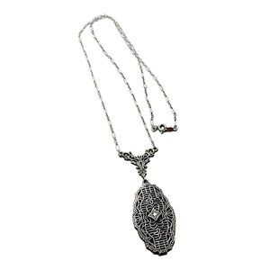 Signed Vintage Sterling Art Deco Style Pendant Necklace (A1587)